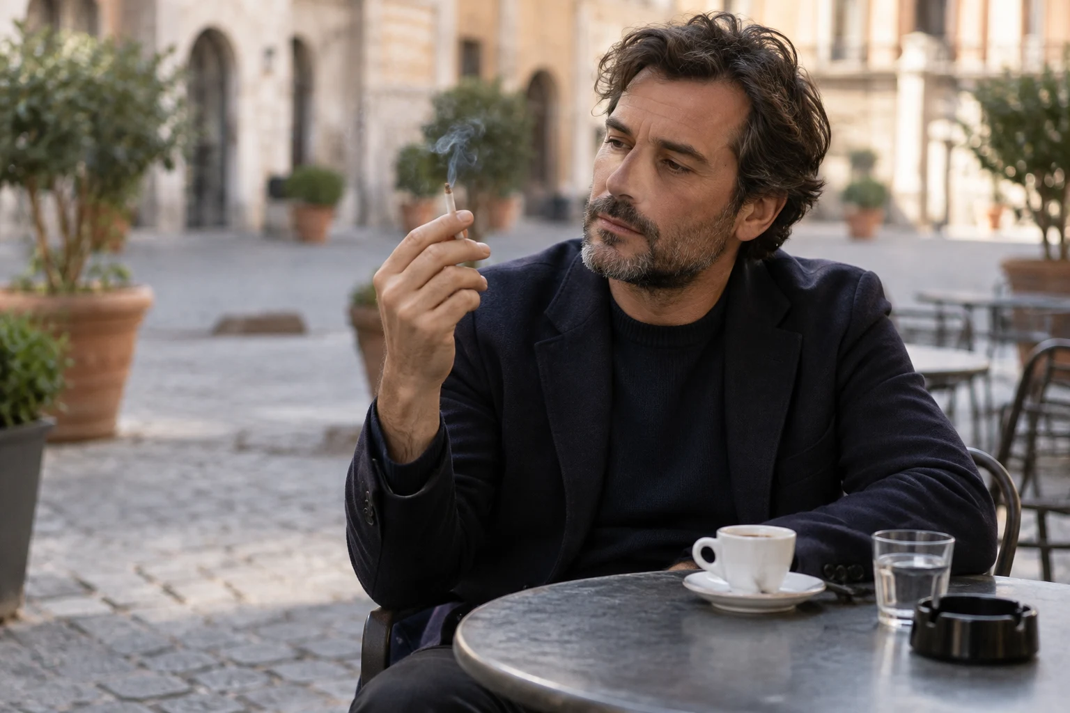 Uomo al tavolino di un bar che osserva una sigaretta accanto al caffè