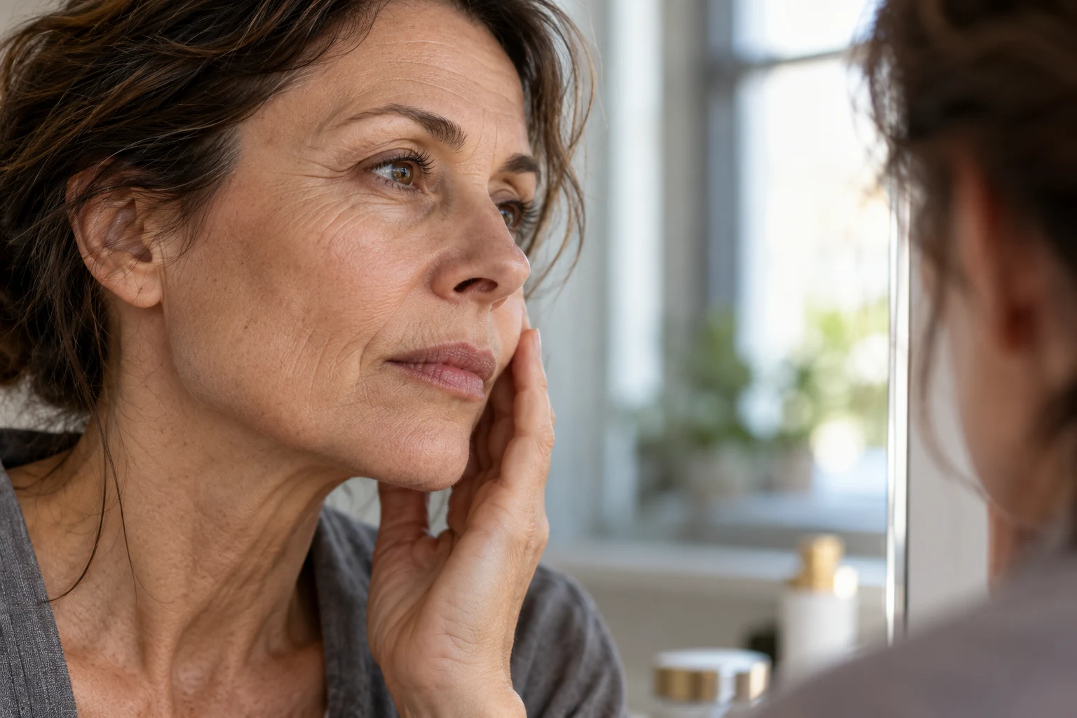 Donna matura che osserva il proprio viso allo specchio