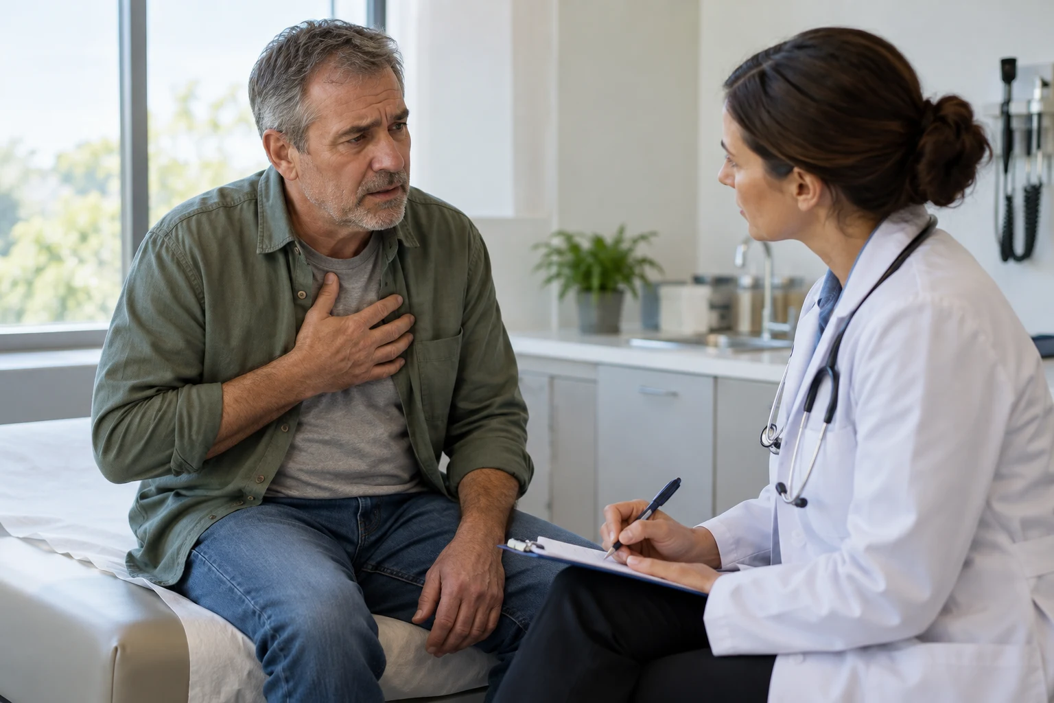Uomo durante un colloquio medico sui disturbi al torace