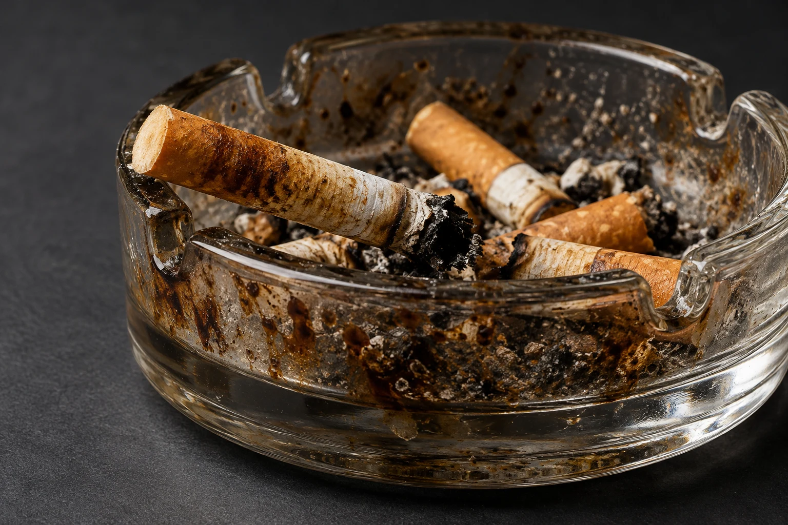 Filtri di sigaretta e residui del fumo in un posacenere di vetro