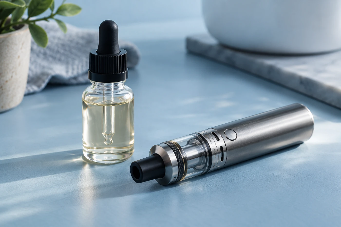 Sigaretta elettronica e flacone di liquido su un piano azzurro