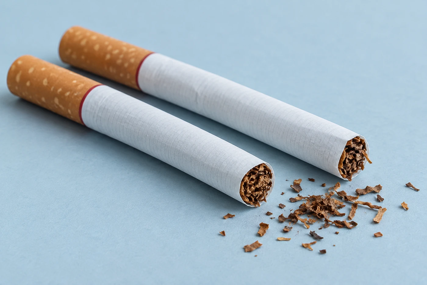 Due sigarette con tabacco su fondo azzurro