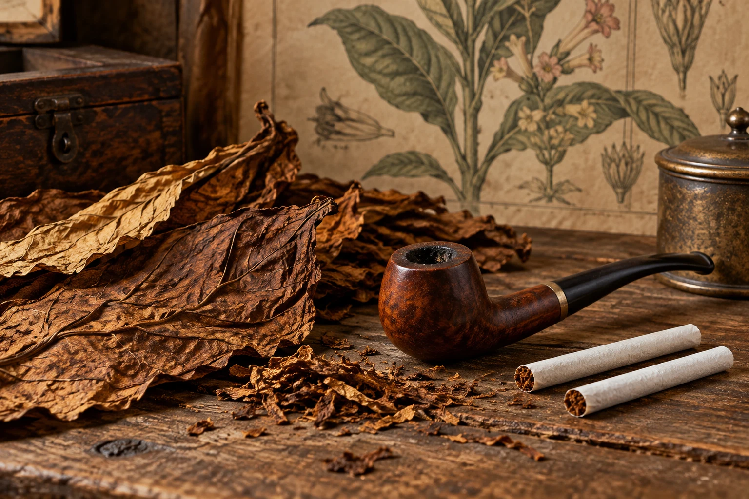 Foglie di tabacco, pipa in legno e sigarette su un tavolo